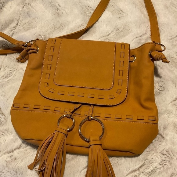JustFab Handbags - JUSTFAB Saddle Tan Bag with Fringe Tassels